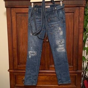 Guess Jeans attached suspenders Sashiko embroidery bronze bubble brads unique